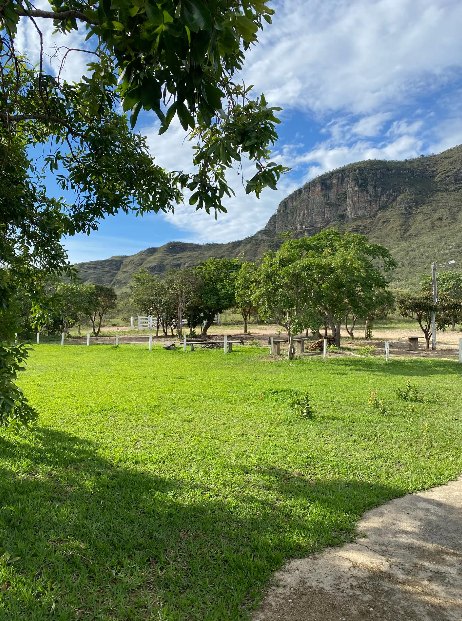 Gramado do camping à sombra das árvores, com o paredão do Morro da Baleia ao fundo